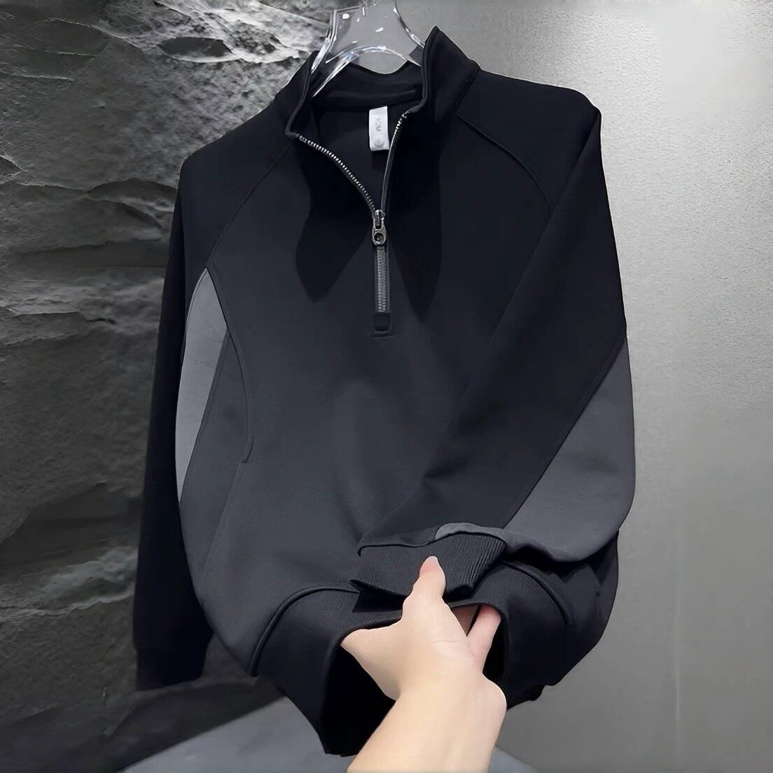 简约拼色卫衣男士秋季潮牌半拉链立领套头上衣百搭休闲拼接长袖男