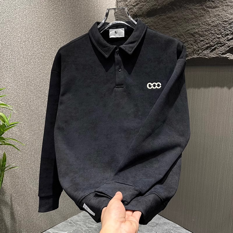 秋冬加绒复古扎染翻领卫衣男简约