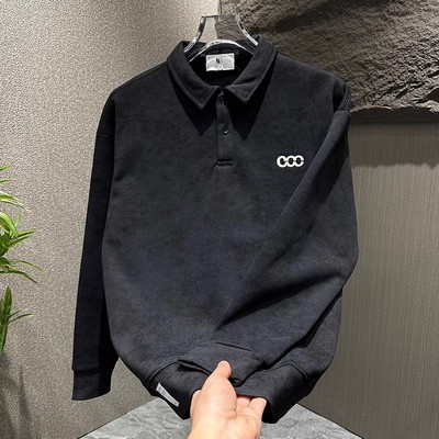 秋冬加绒复古扎染翻领卫衣男简约