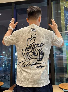 夏季痞帅摩托机车刺绣短袖T恤男