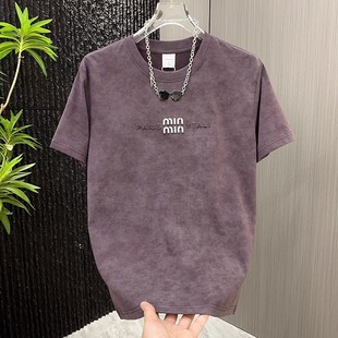 夏季潮流轻奢扎染短袖男款百搭休闲钢印字母半袖T恤痞帅修身上衣