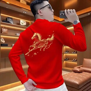 秋冬季2026新款个性国潮红色骏马印花圆领卫衣男士本命年潮流上衣