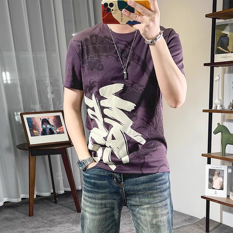 丝光棉短袖男个性满身印花T恤潮