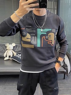 2025新款印花卫衣男秋冬加绒套头上衣潮牌青年个性百搭长袖打底衫