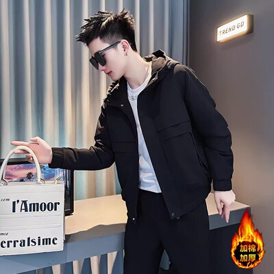 秋冬新款简约连帽加厚棉衣外套男