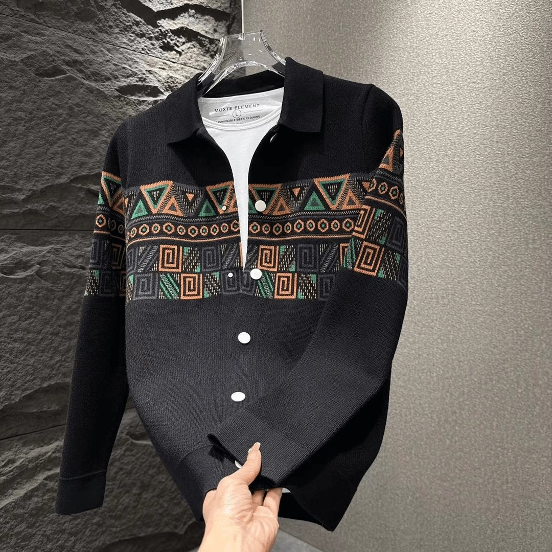 欧货男士翻领针织开衫修身外套潮