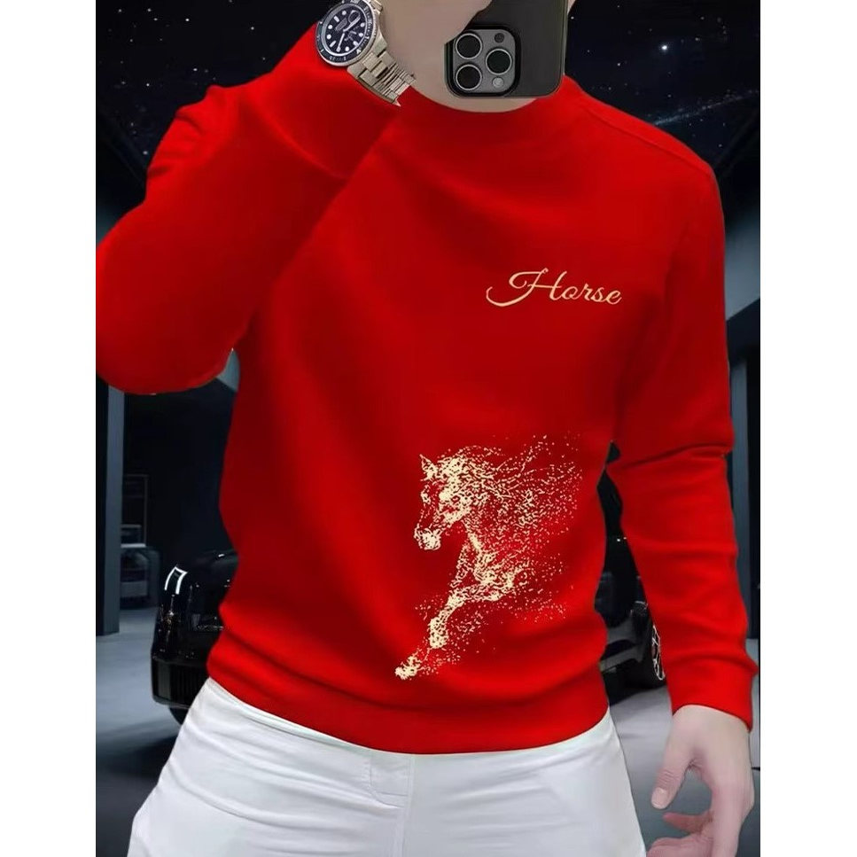 秋冬季新款高级感马年印花卫衣男