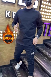 简约圆领保暖打底衫 韩版 加绒纯色卫衣男圆下摆开衩加厚长袖 秋冬季