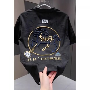 复古扎染圆领半截袖 2026新款 夏季 马年设计感短袖 潮流刺绣T恤男士