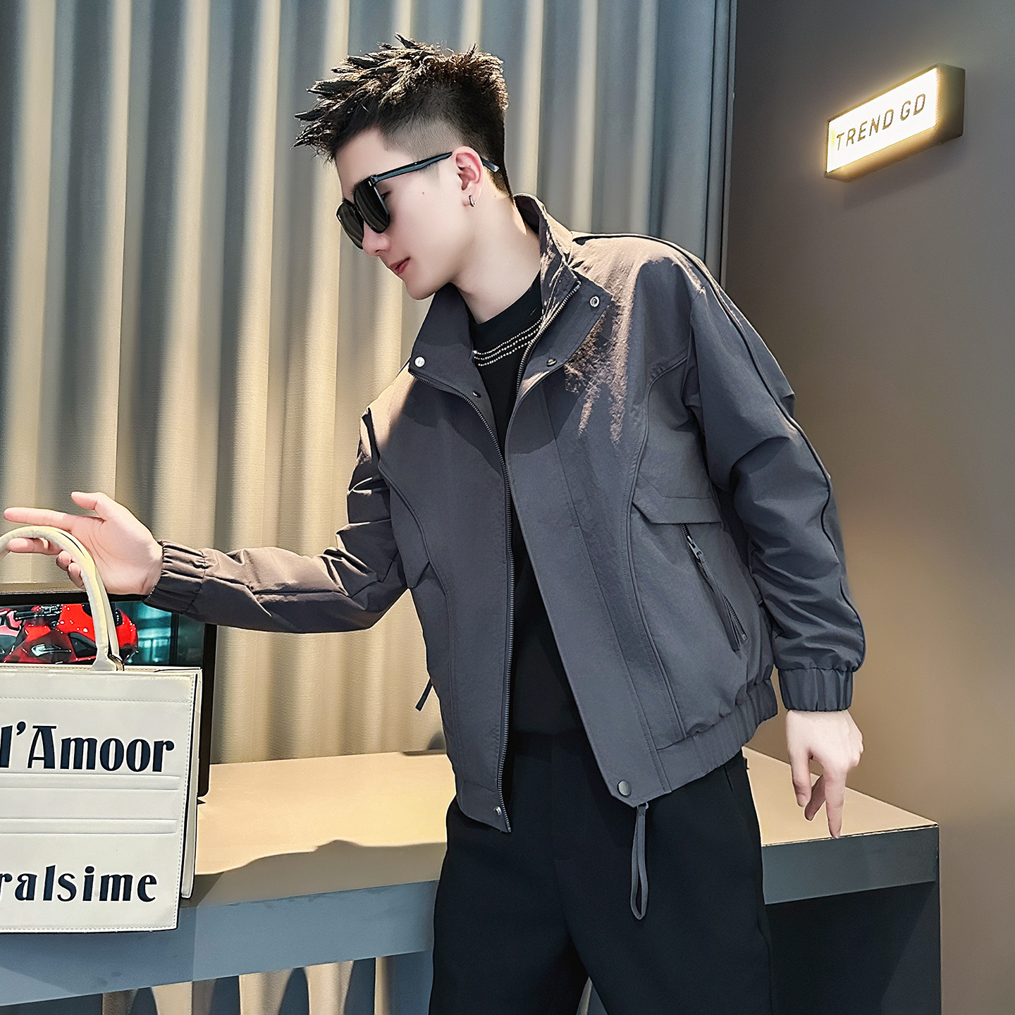 秋季潮牌痞帅结构拼接立领夹克男