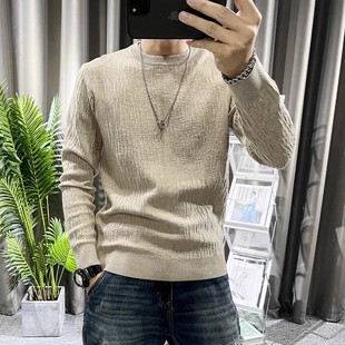 男士纯色毛衣秋冬新款修身圆领潮流简约弹力毛线衣青年长袖针织衫