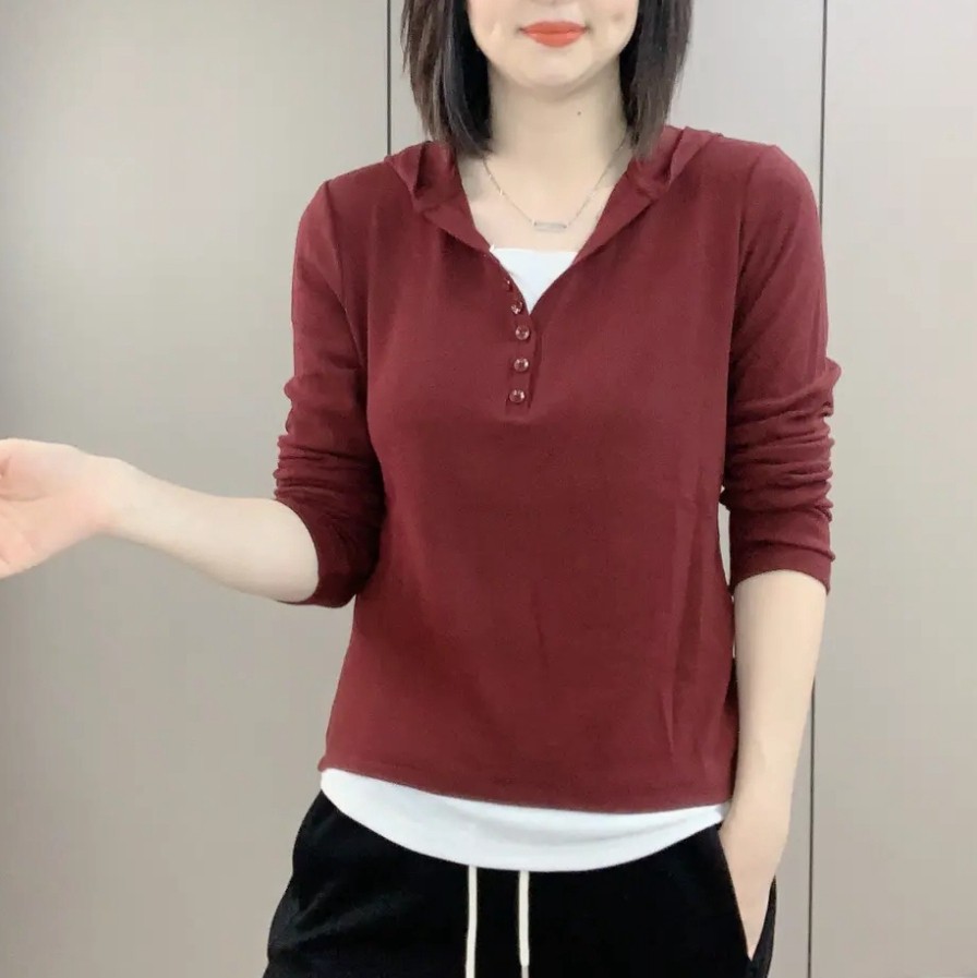 设计感假两件连帽上衣女2026春新款通勤百搭长袖T恤拼接内搭帽衫