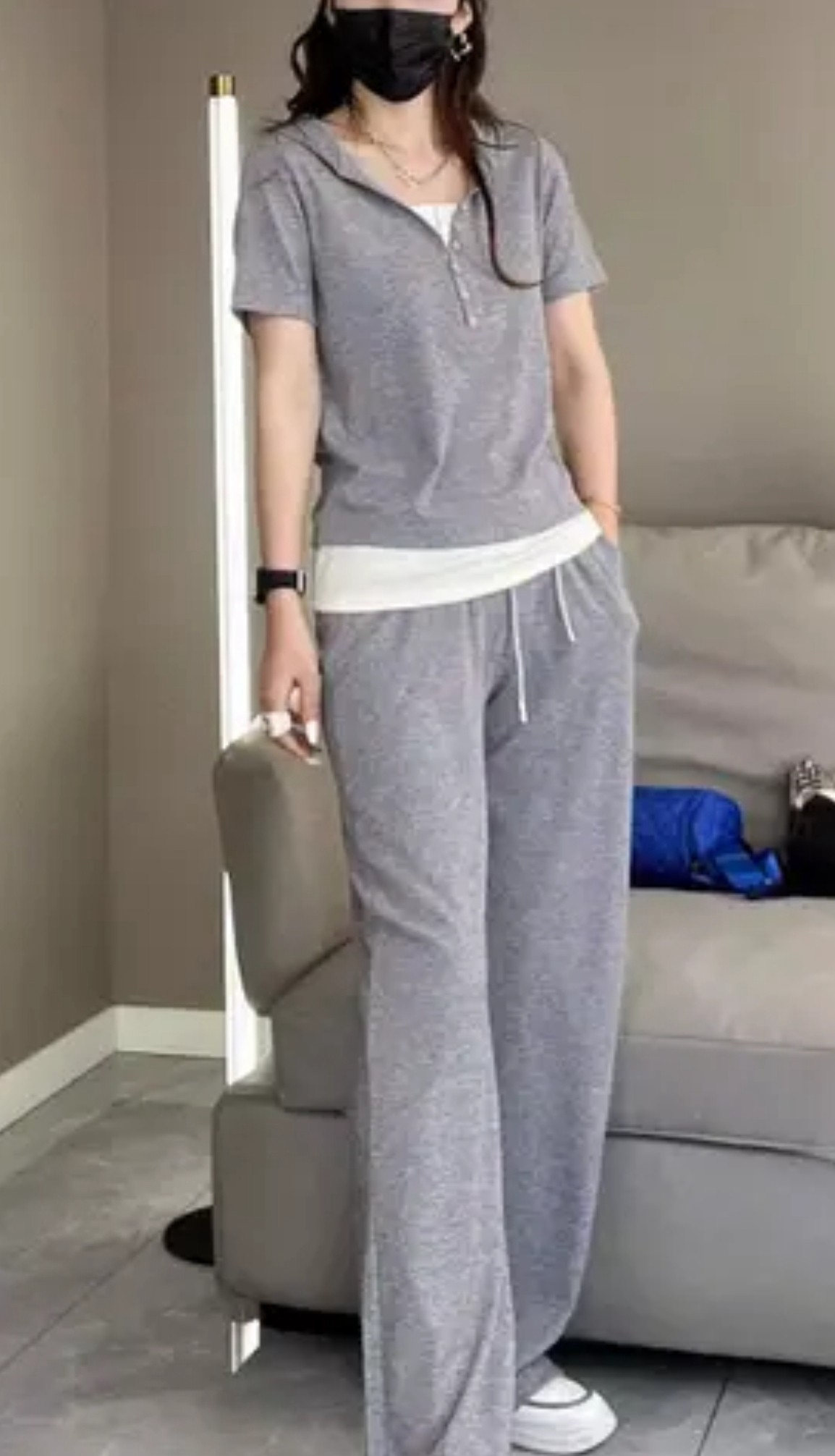 套装女2026夏休闲运动短袖拼色帽衫韩版时尚百搭显瘦阔腿裤两件套