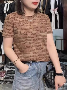 设计感链子网纱短袖t恤女2026夏新款时尚百搭显瘦字母体恤上衣潮T