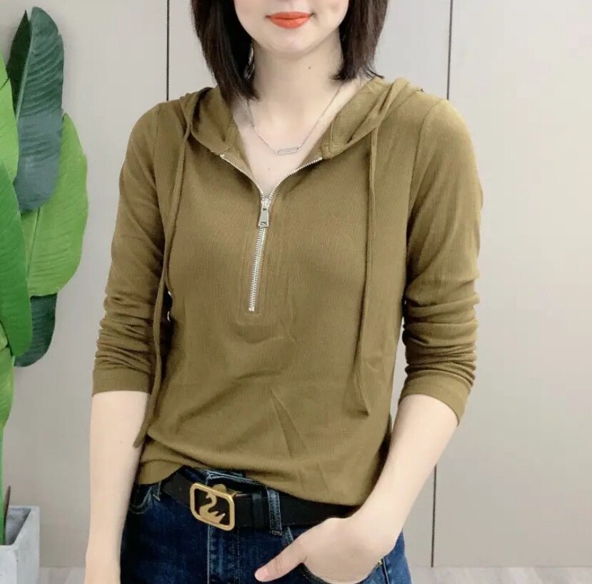 2026春秋新款长袖连帽T恤帽衫女短款休闲百搭显瘦半拉链上衣打底