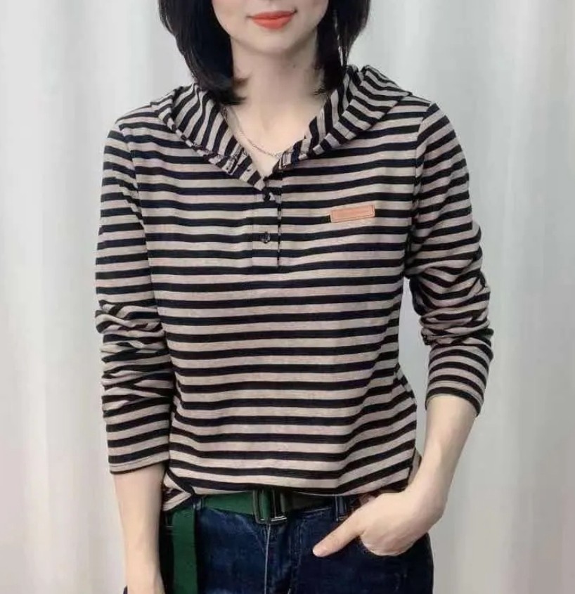 2026春季新款长袖连帽T恤韩版休闲百搭显瘦条纹体恤上衣小衫 女潮