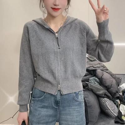 双拉链针织衫毛衣女2025秋季新款时尚宽松显瘦百搭连帽上衣开衫潮