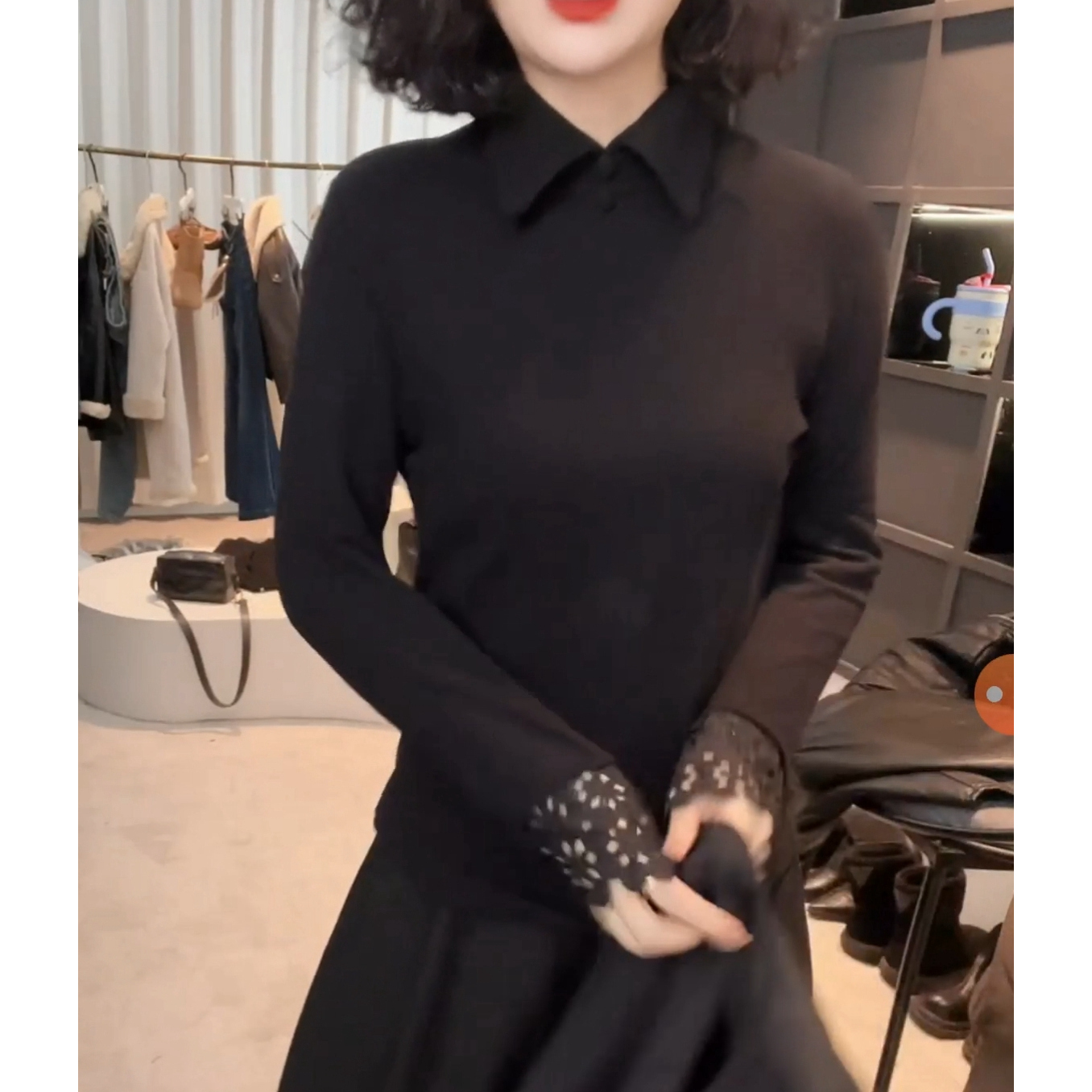 拼接蕾丝POLO领双面德绒上衣女潮