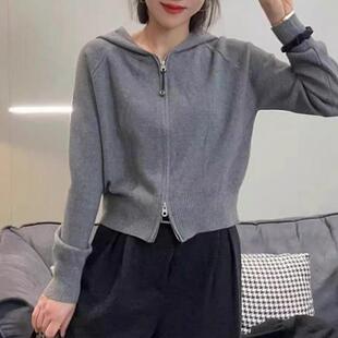 设计感双拉链连帽针织开衫 宽松百搭上衣 毛衣短外套女2026春秋新款
