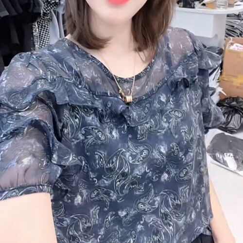 韩版荷叶花边短袖雪纺衫女2026夏新款百搭显瘦设计感上衣花色衬衫