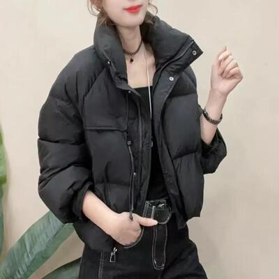 韩版休闲减龄羽绒服外套女2025冬新款宽松百搭立领抽绳面包服上衣