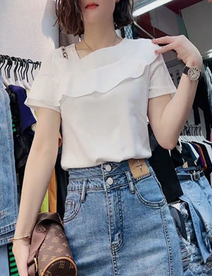2025夏季新款设计感小众斜领短袖t恤女修身显瘦百搭荷叶边上衣潮T