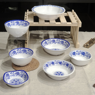 密胺仿瓷古典青花异形盘子饭碗勺杯餐厅商用密胺餐具分格圆盘子