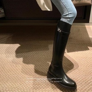 真皮斜口k 纽约时报 扣加绒粗跟高筒骑士靴女长靴 sheii苏茵茵