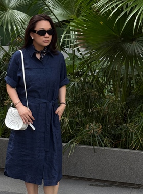 Q姐“蓝色爱琴海”100%法国雨露麻亚麻短袖连衣裙 39D1388