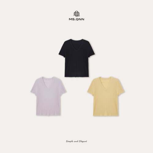 Q姐 都市“V领坑条”18针精纺桑蚕丝羊毛V领针织T恤 53T285