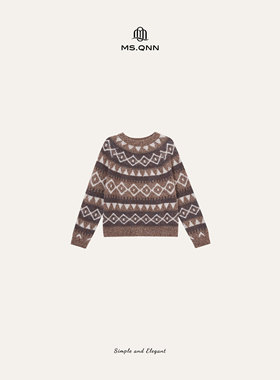 Q姐“冬日松弛”复古几何风拼色山羊绒白厂丝加厚毛衣 52T166
