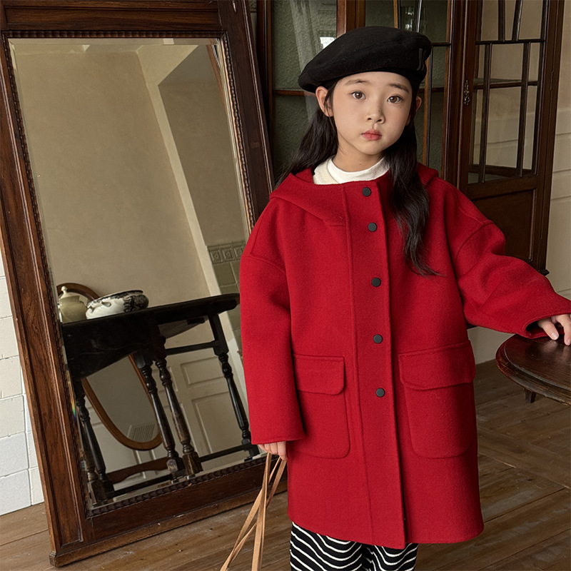 外贸儿童双面羊毛大衣秋冬2025新款男童女童羊绒连帽外套中大童