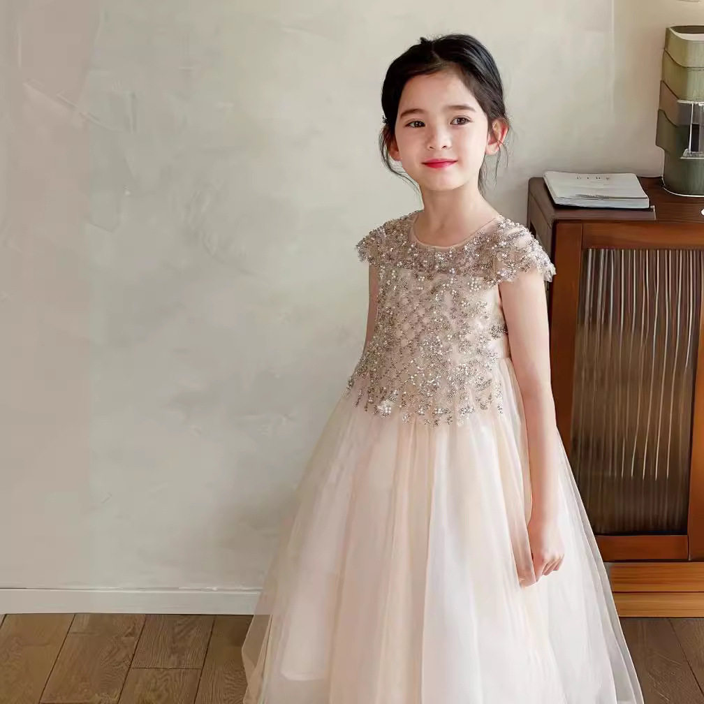欧美高端童装女童香槟网纱礼服裙夏季新款洋气连衣裙中大童公主裙