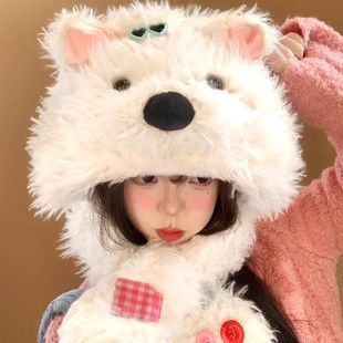 冬天可爱小狗送女生女孩同学生日礼物实用西高地毛绒帽子围巾新年