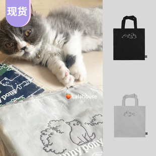 现货韩国KBP刺绣帆布袋小猫购物环保袋纯棉可爱兔子图案单肩包ins