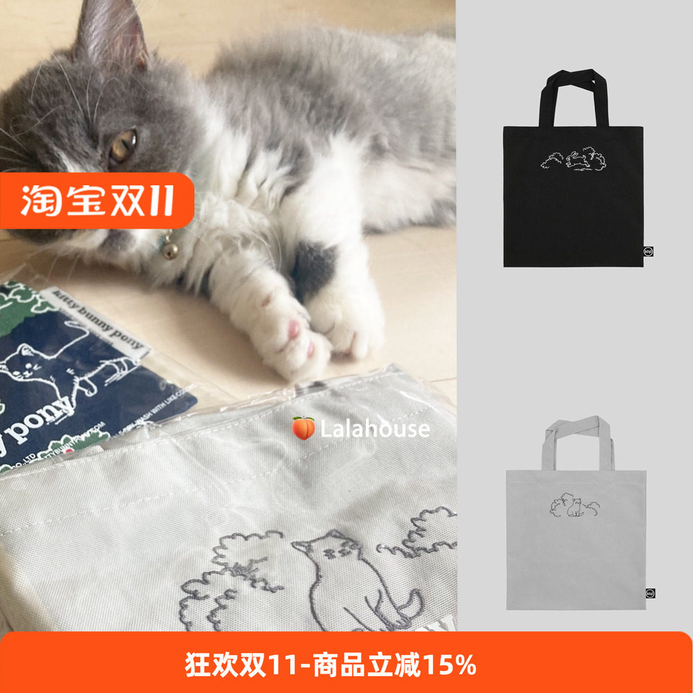 现货韩国KBP刺绣帆布袋小猫购物环保袋纯棉可爱兔子图案单肩包ins