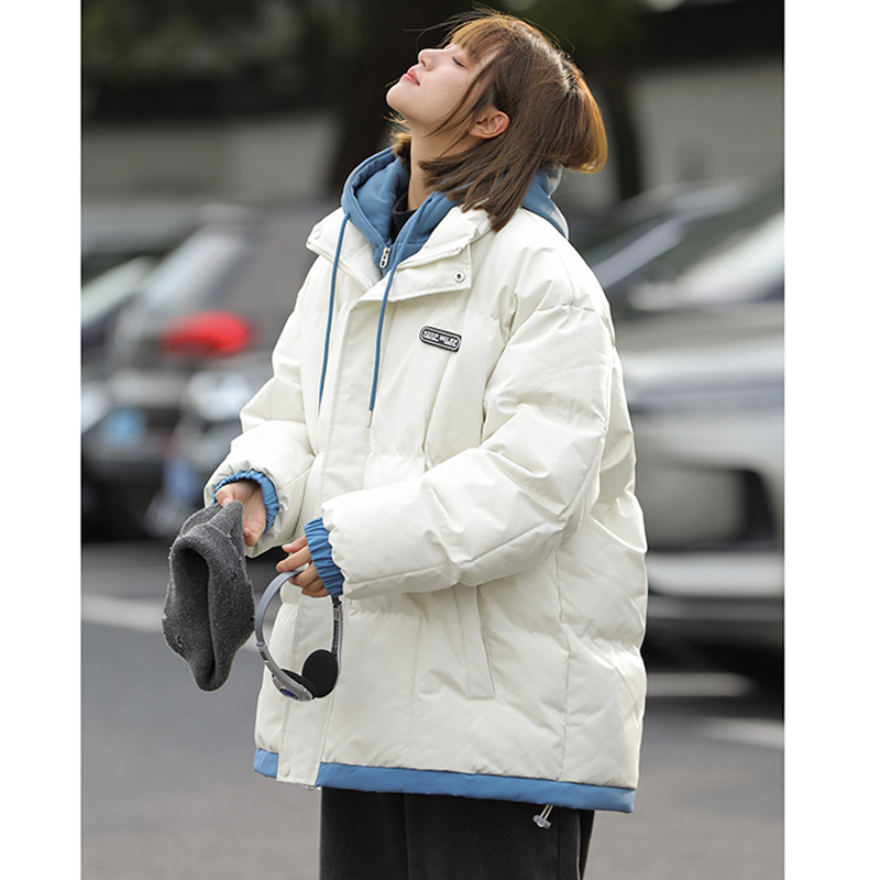 棉服男女韩版冬季新款青少年学生情侣假两件撞色连帽棉衣加厚外套