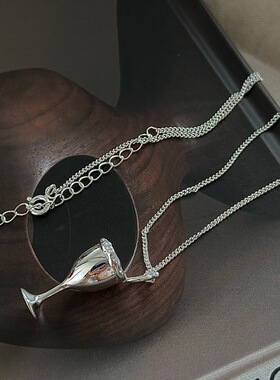 S925纯银韩版小众设计感复古高脚杯项链韩国风时髦简约锁骨链批发