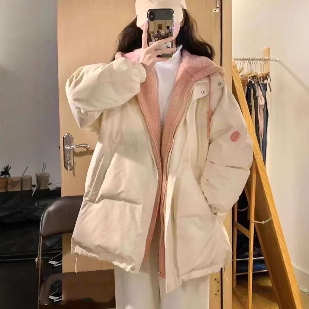 高品质棉服女手塞棉假两件羊羔拼接小牛津连帽秋冬加厚面包服棉衣