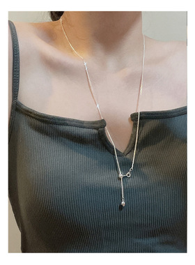S925纯银韩版时尚抽拉心形项链女choker可调节爱心流苏锁骨链批发