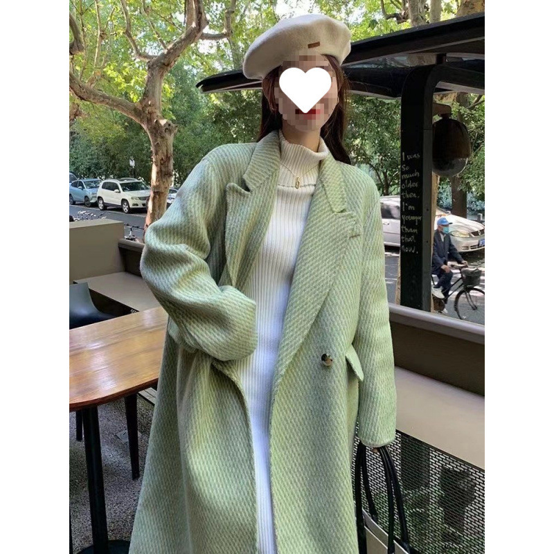 绿色韩版西装领长款显瘦毛呢外套