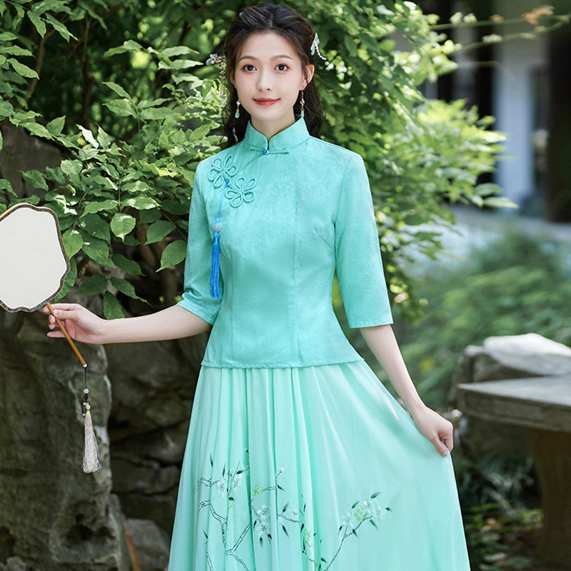 TANG COSTUME CHEONGSAM TWO-PIECE TEA MASTER COSTUME WOMENS REPUBLIC OF CHINA STYLE WOMENS SUMMER MODIFIED HANFU CHINESE STYLE BUCKLE TOP