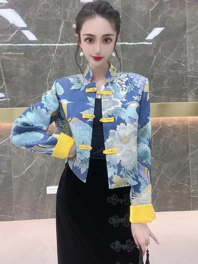 CHINESE STYLE TANG COSTUME WOMENS IMPROVED TIDE AUTUMN AND WINTER CHINESE WOMENS EMBROIDERY NATIONAL TIDE JACKET CHEONGSAM RETRO BUCKLE TOP