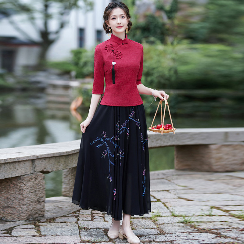 TANG COSTUME CHEONGSAM TWO-PIECE TEA MASTER COSTUME WOMENS REPUBLIC OF CHINA STYLE WOMENS SUMMER MODIFIED HANFU CHINESE STYLE BUCKLE TOP
