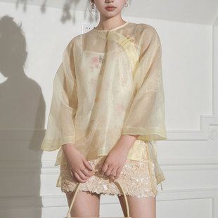 CAN “白玉印纱”新中式国风上衣斜襟新款小众设计感休闲衬衫女夏