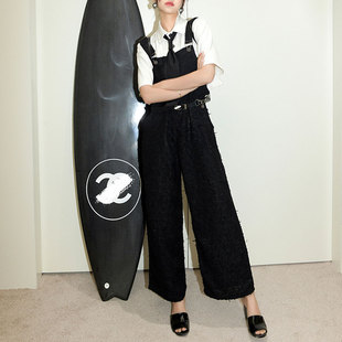 CAN夏季新款法式小香风连体裤女粗花呢百搭阔腿背带裤黑色长裤子
