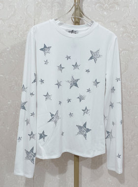CAN“繁星”小香24S施华洛烫钻渐变五角星长袖白色T恤修身上衣女