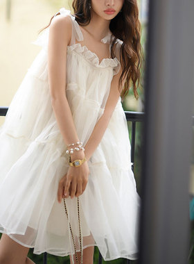 CAN2021夏季新款 白色抹胸仙女吊带连衣裙女小个子蓬蓬公主短裙