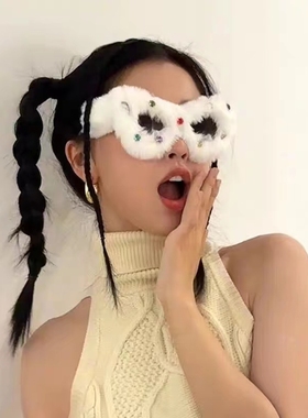 芭比虞书欣同款毛毛眼镜生日搞怪毛绒眼镜三角白色猫耳墨镜戴钻款