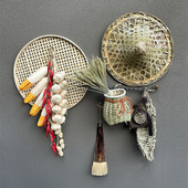 怀旧挂件农家乐装 饰竹编簸箕鱼篓斗笠草鞋 仿真农作物餐厅农具道具